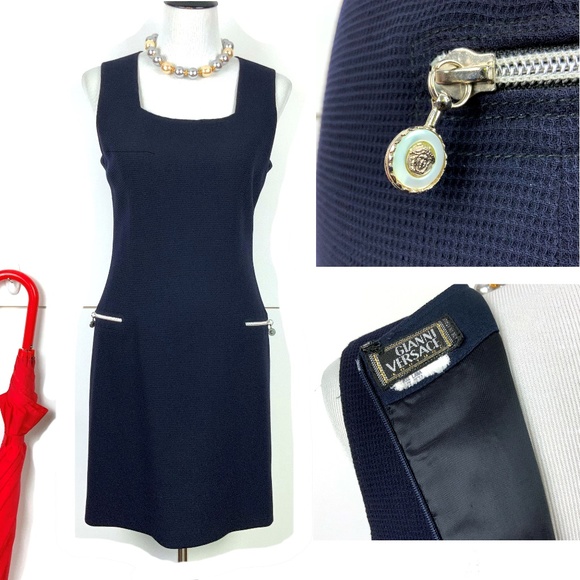 Versace Dresses & Skirts - Vintage Gianni Versace Navy Sheath Dress Sz 8 (6)